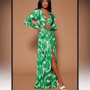 Green white ,satin, luxury maxi  long sleeves dress .